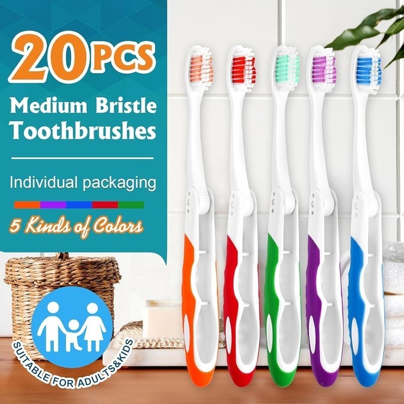 20 Pack Travel Folding Toothbrushes Portable Medium Bristles Ergonomic