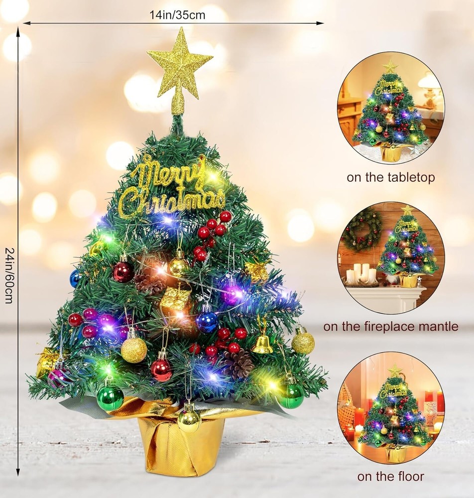 24 in Table Top Christmas Tree 30 Multi-Colored LED Lights Mini Pinecones Gold