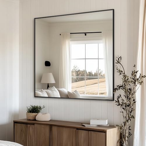 36x36 Metal Framed Bathroom Mirror, Square Edge Rectangular 36"L x 36"W Black