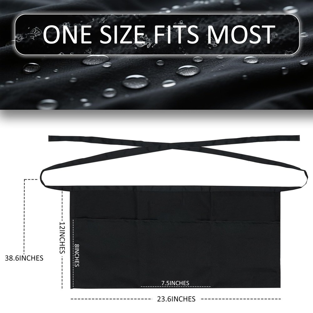 2-Pack Server Apron - Waist Half Aprons for Waitress with 3 Pockets, Black Short