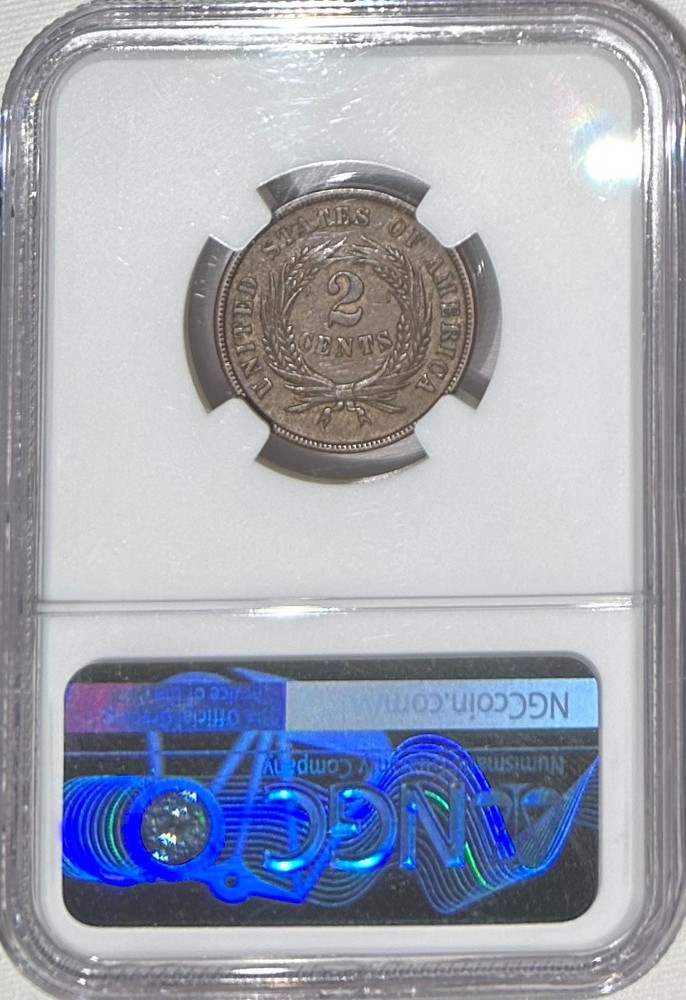 1865 Two Cent Piece, NGC AU55 (Brown) - Sharp Appearance!