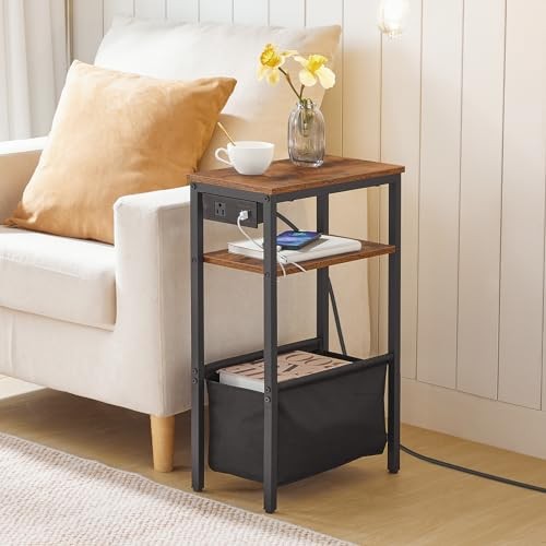 Small Narrow Side Table, Skinny End Table with Charging Station, Extra Slim