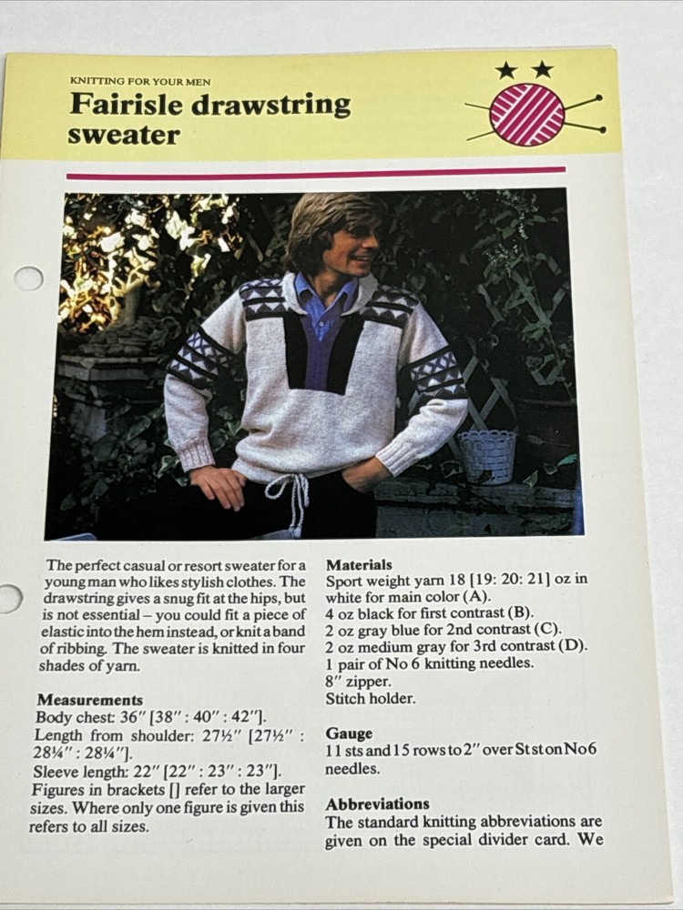 Fairisle Drawstring Sweater for Men Knitting Pattern Card