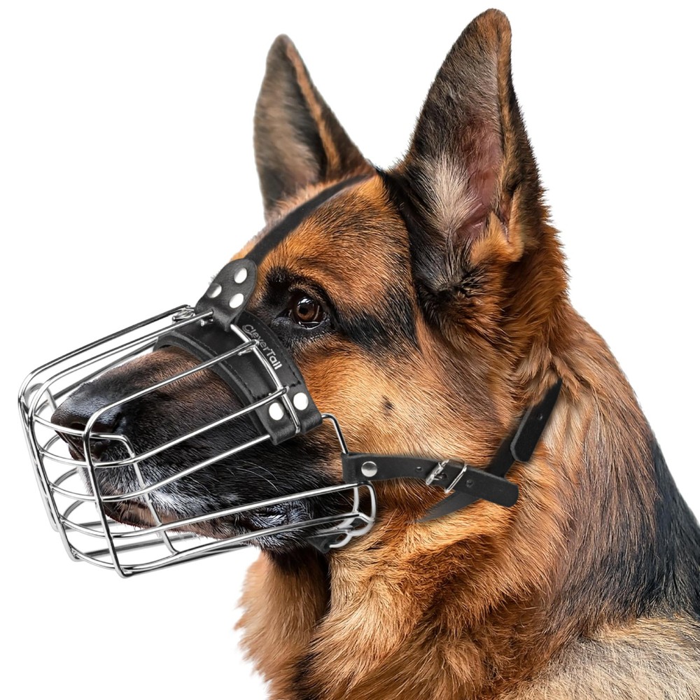 CleverTail German Shepherd Muzzle for Medium, Silver Wire & Black Straps