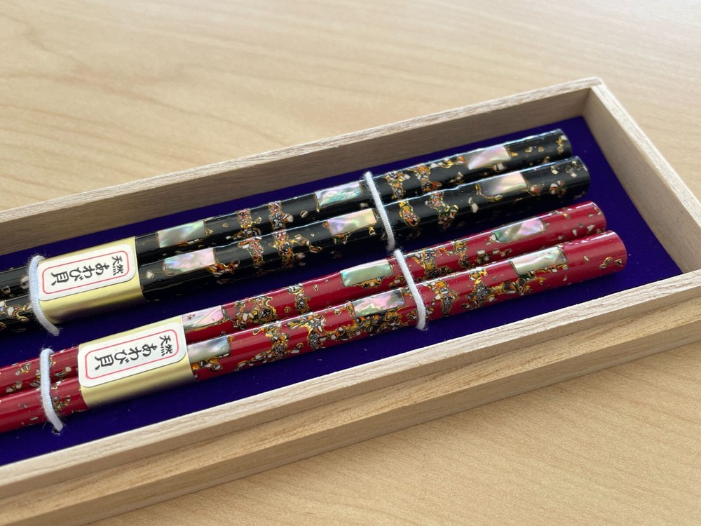 Japanese skinny Chopsticks Abalone Shell blk&red pair Gift set