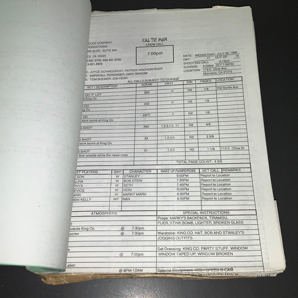 KILL THE MAN (7/10/98) Sound Mixer Prod. Final Draft w/Notes + COA!