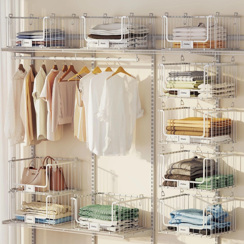 3-Pack Hanging Laundry Organizer and Storage, Stacked Wire Shelf with Label C...