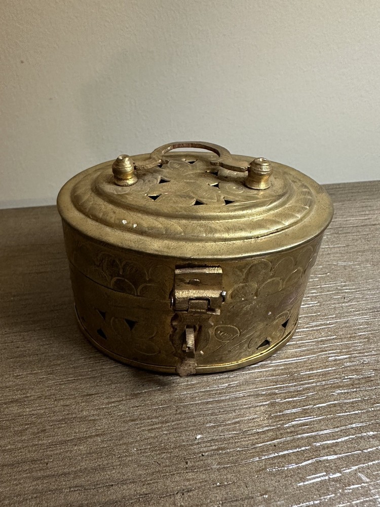 Oval Pierced Brass Potpourri Cricket Box Lockable Hinged Lid Incense