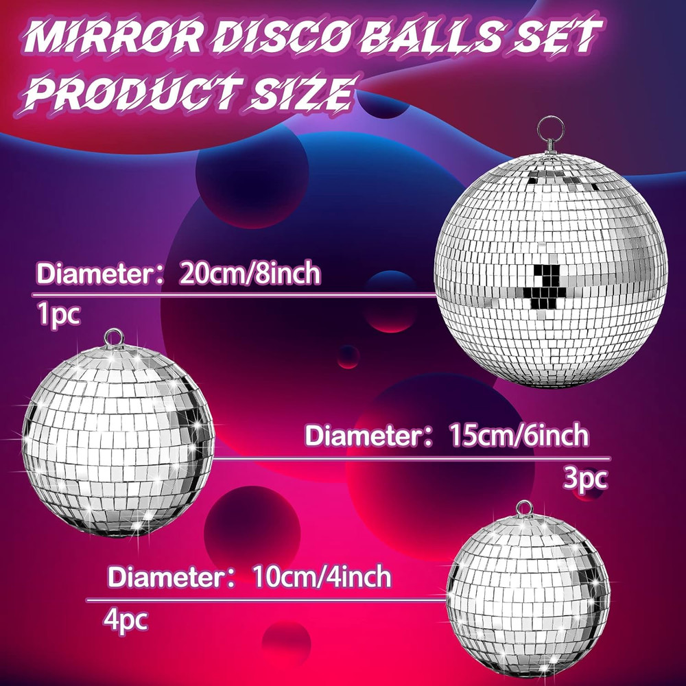 8 Pcs Large Disco Ball Set Silver Mirror Disco Reflective Ball with Hanging Ring