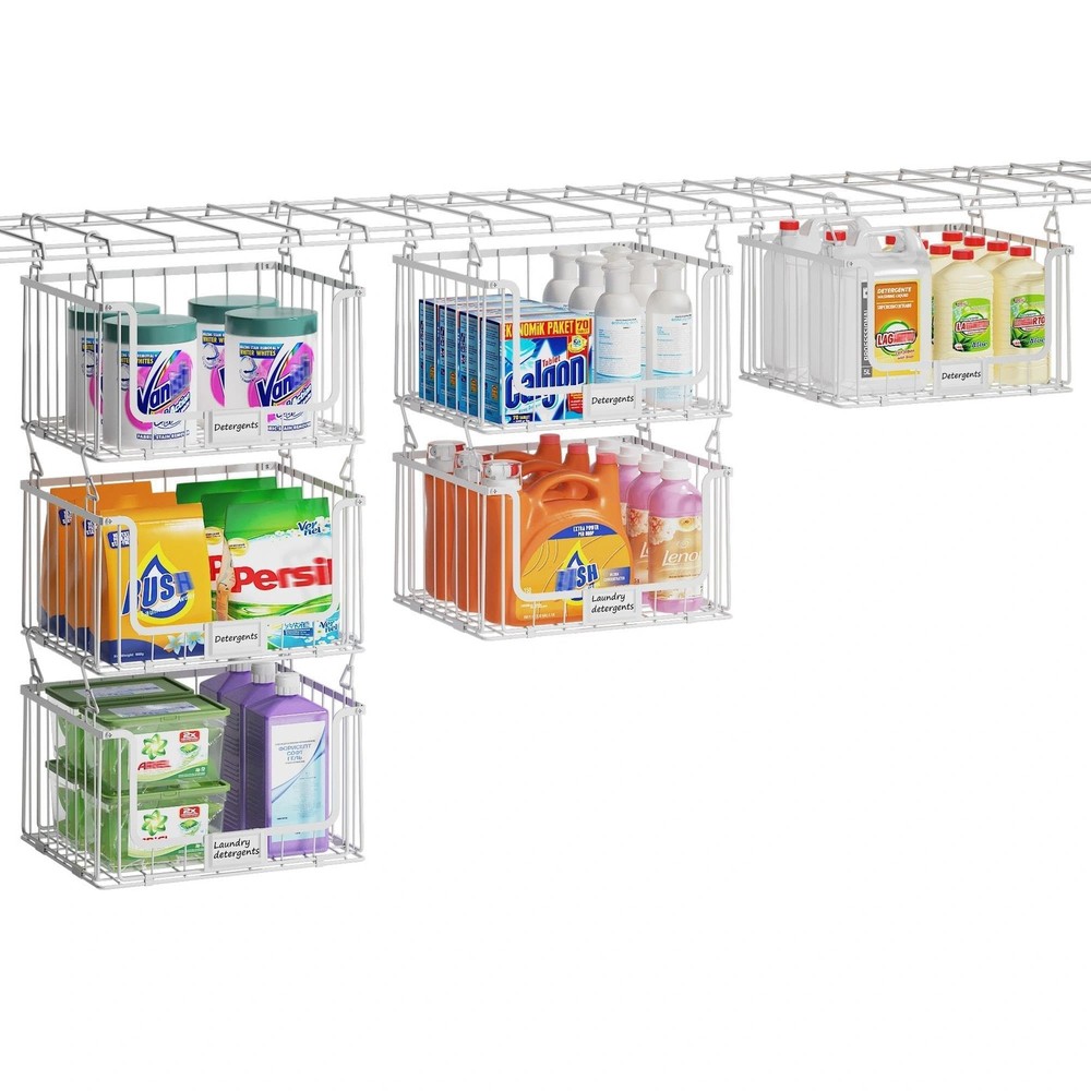 3-Pack Hanging Laundry Organizer and Storage, Stacked Wire Shelf with Label C...
