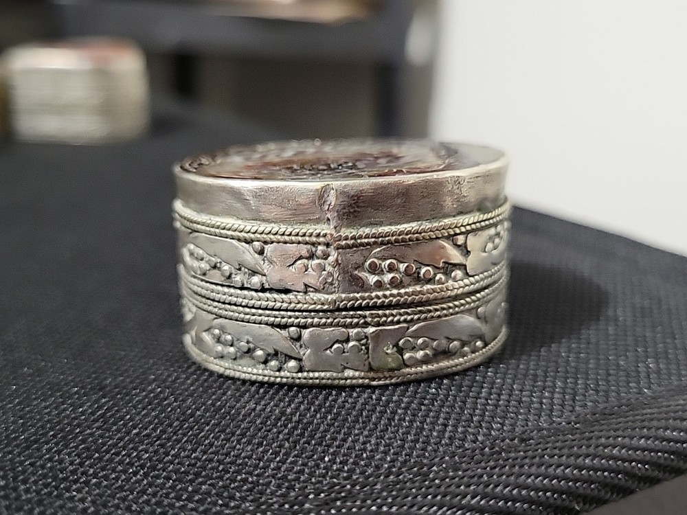 Antique Ancient Islamic Sterling/Silver Plated? Pill Box Agate Stone 34g