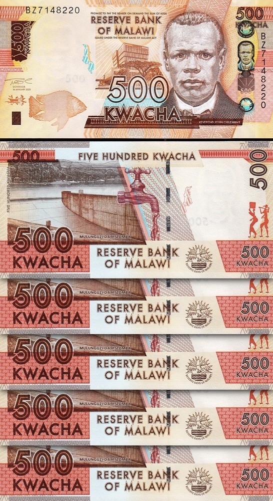 Malawi 500 Kwacha, 2021, UNC, 5 Pcs LOT, Consecutive, P-66c