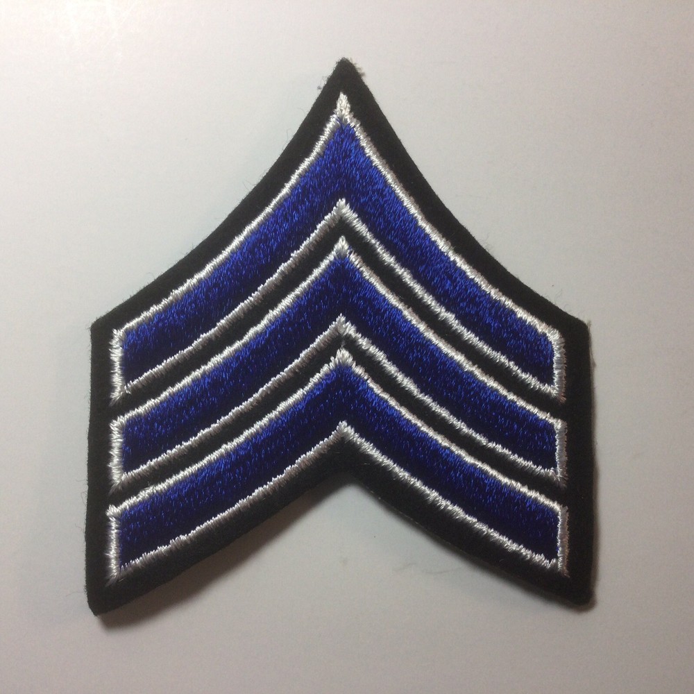 (2) Sergeant Chevron Patch police 3 stripe White & Royal on BLACK FELT
