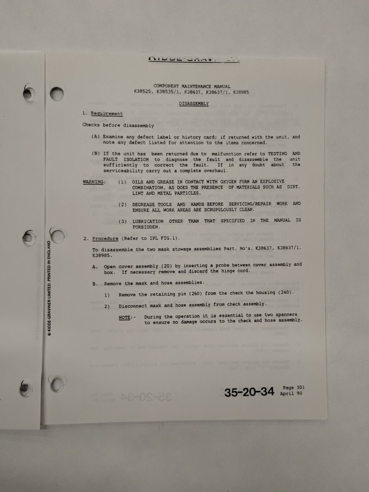 Kidde-Graviner Mask Stowage Box Assemblies Component Maintenance Manual-Original