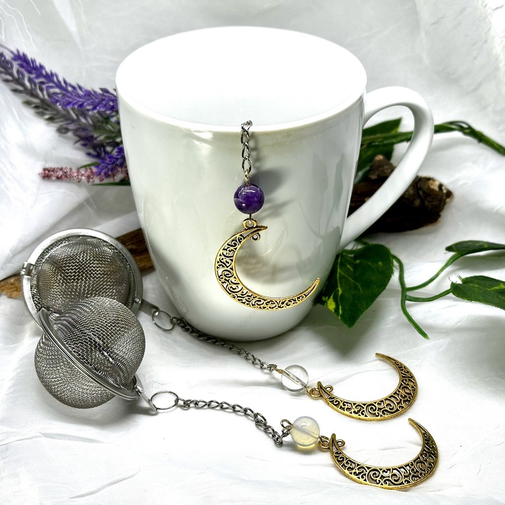 Gemstone Loose Leaf Tea Infuser Crescent Moon Crystal Mindful Intention Herbal