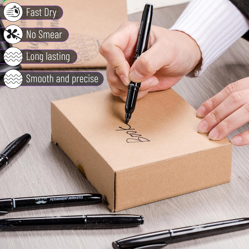 Black Fine Tip Permanent Markers, 12 Pack for Office and School Use