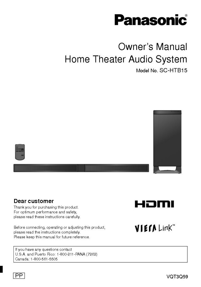 Panasonic SA-HTB15 Home Theater System Owners Instruction Manual