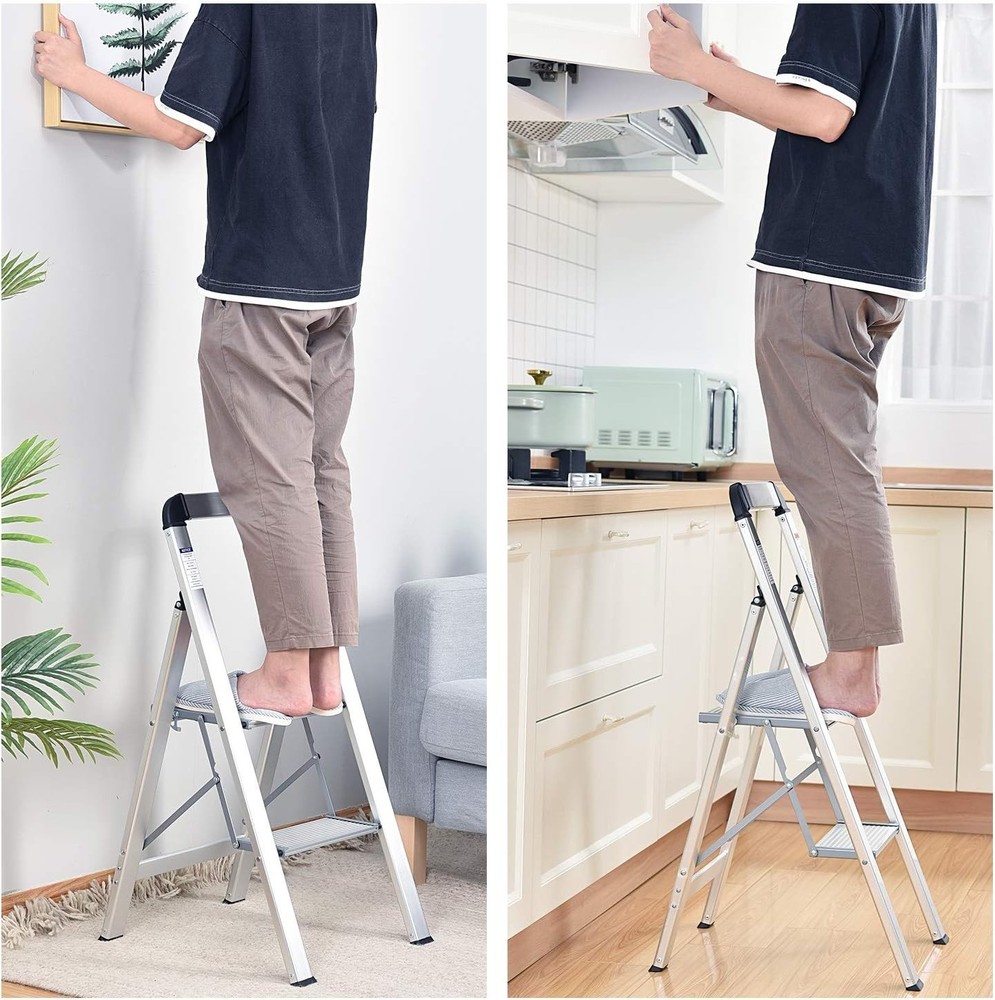 Portable Silver Step Ladder, 2-Step Design with Handrail for Easy Storage