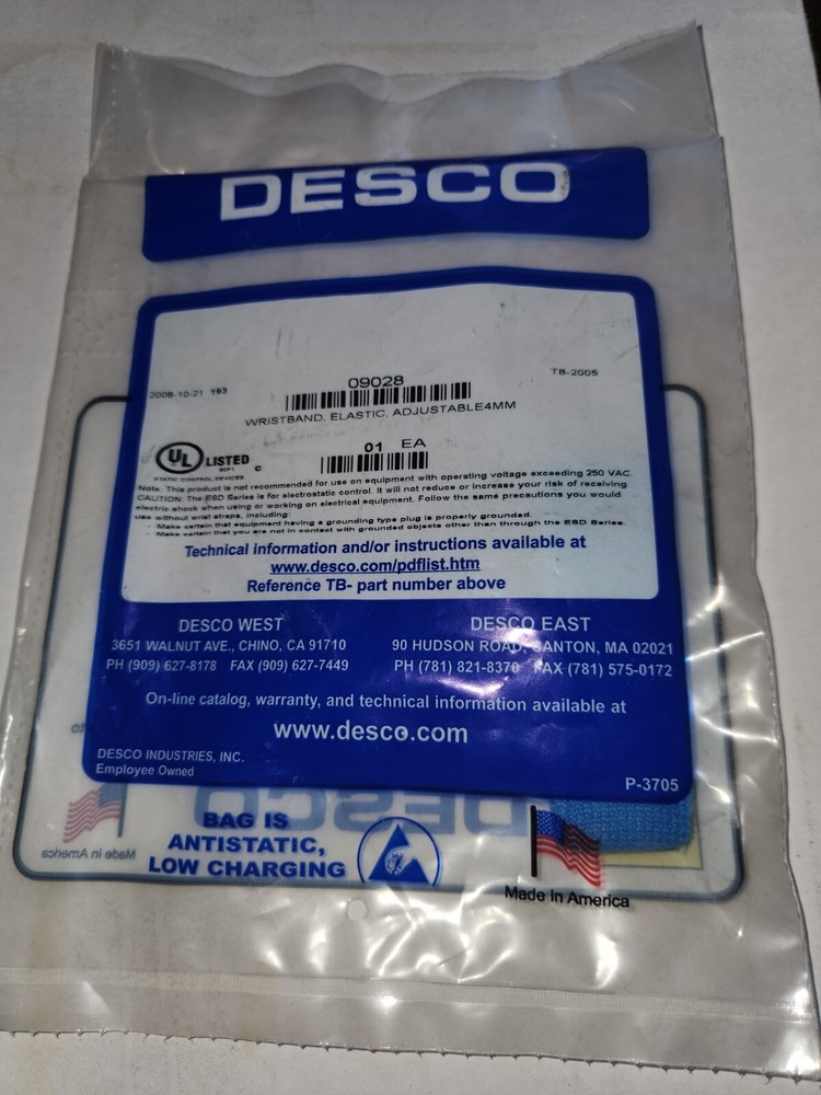 DESCO 09028 Adjustable Wrist Band Static Strap, 4mm, Snap
