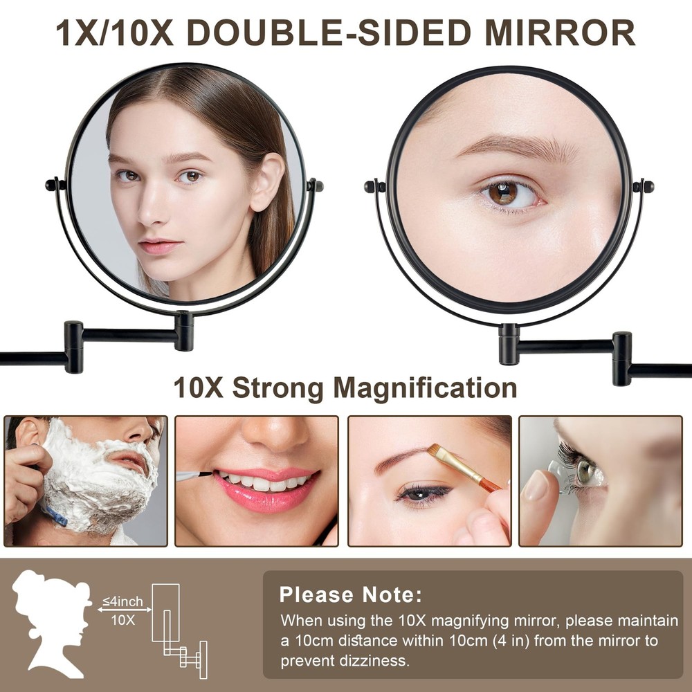 8" Wall Mounted Makeup Mirror, 1X/10X Magnifying Mirror with 360° Extendable ...
