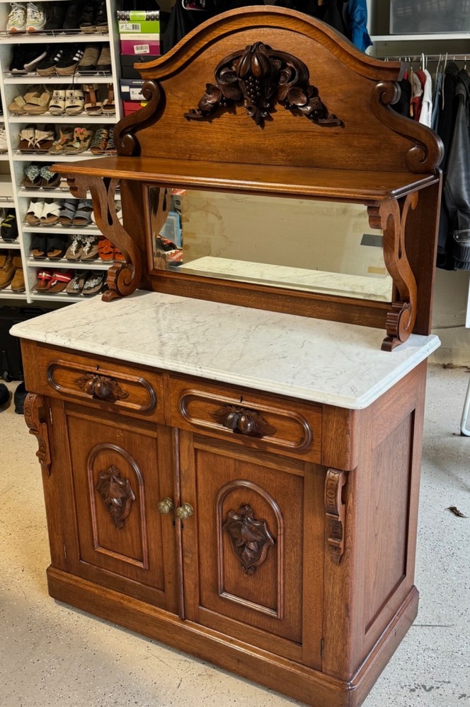 Antique Marble Top Victorian Walnut Carved Server Sideboard Buffet Cupboard