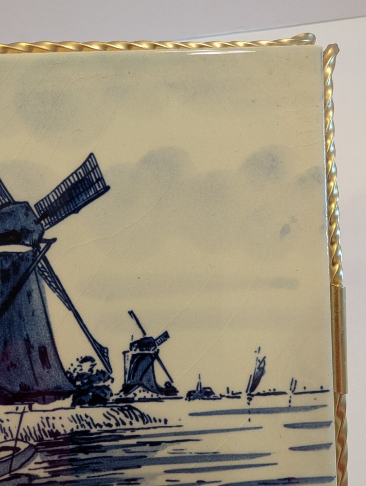 VTG Delft Blue Windmill Hand Painted Trivet Square Ceramic Tile Wire Frame