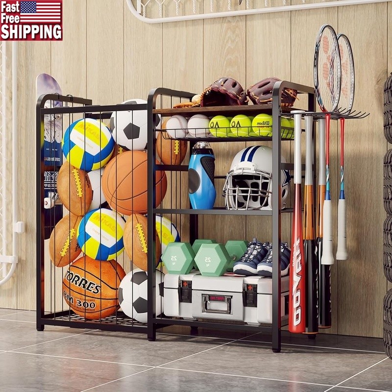 Garage Sports Ball Storage Rack W/ Pull-out Basket & Multi-Function Hooks New