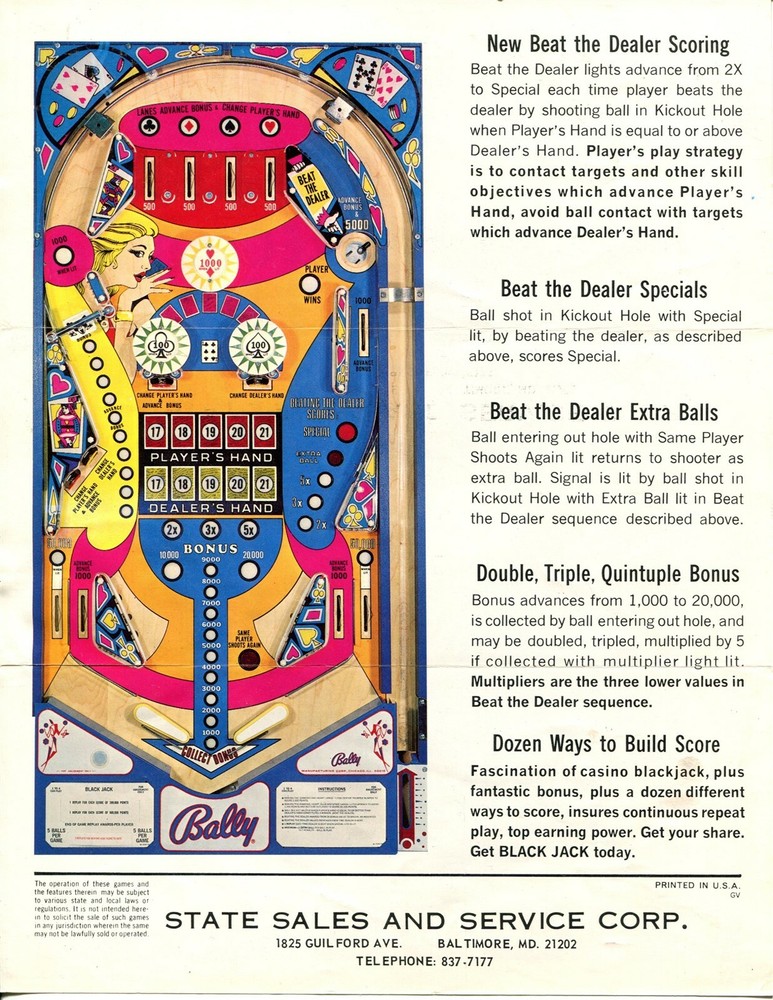 Black Jack Bally Pinball Flyer / Brochure / Ad