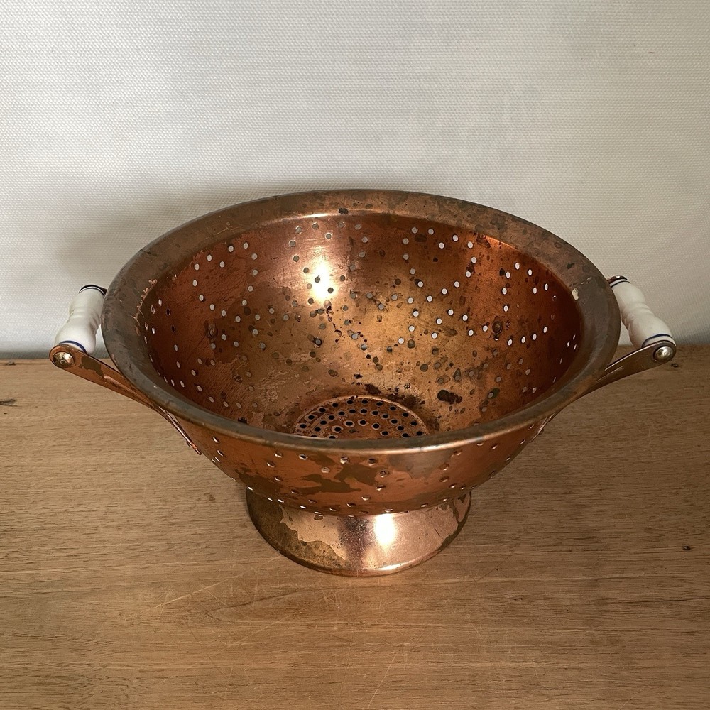 Vintage Copper Colander Strainer Bowl Ceramic Handles