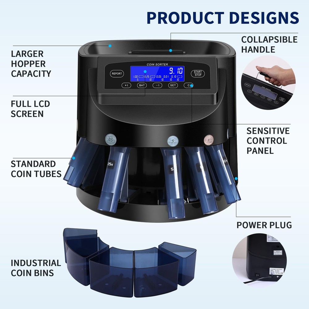 Coin Counter and USD Sorter with LCD Display, Automatic Change Black