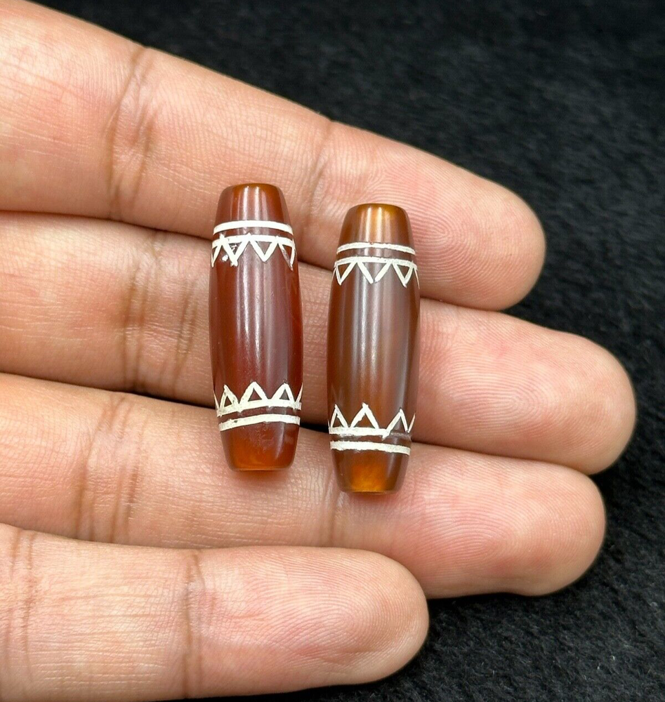 2 Pieces Ancient Carnelian Etched Agate Sassanian Bead With Beautiful Pattern
