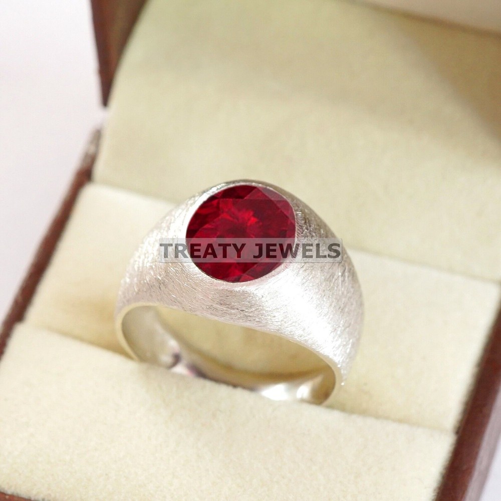 Ruby Oval Cut With 14K Solid White Gold Ring For Men's #B527