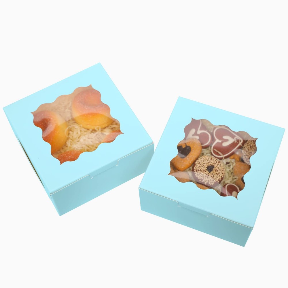 60 PCS Light Blue Bakery Boxes Window 6x6x3 Inch Macaroon Pastry Cookie