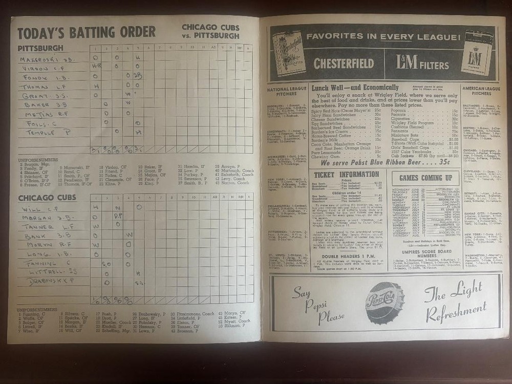 Cubs Program 6/26/1957 vs Pirates scored