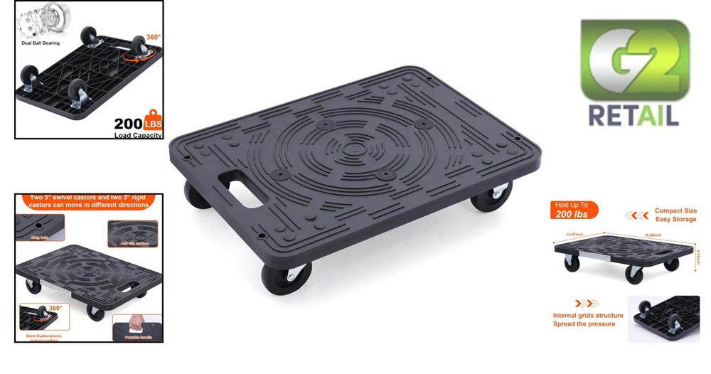 200 lb Capacity Lightweight Polypropylene Movers Dolly with Non-Slip Surface