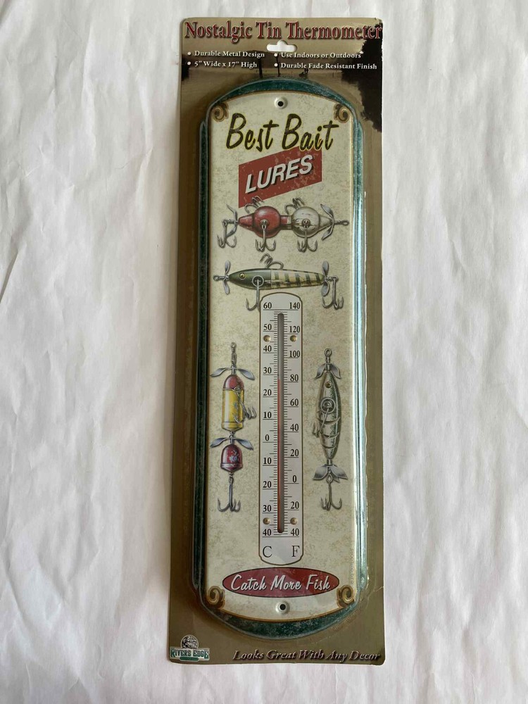 NOSTALGIC TIN THERMOMETER BEST BAIT LURES 17” LENGTH X 5” WIDTH Temperature  NEW
