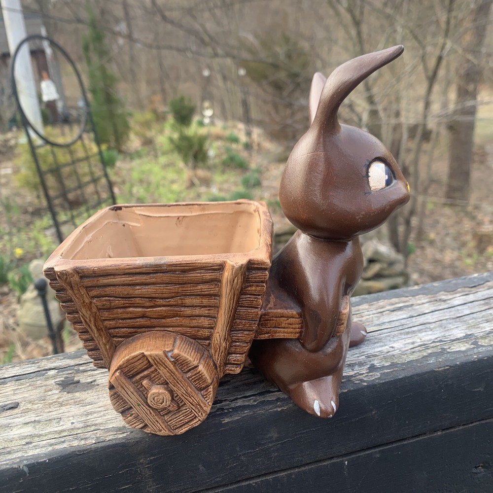 Vintage 1974 Ceramic Easter Bunny Rabbit Pulling Cart Candy Dish,Hand Painted 6"