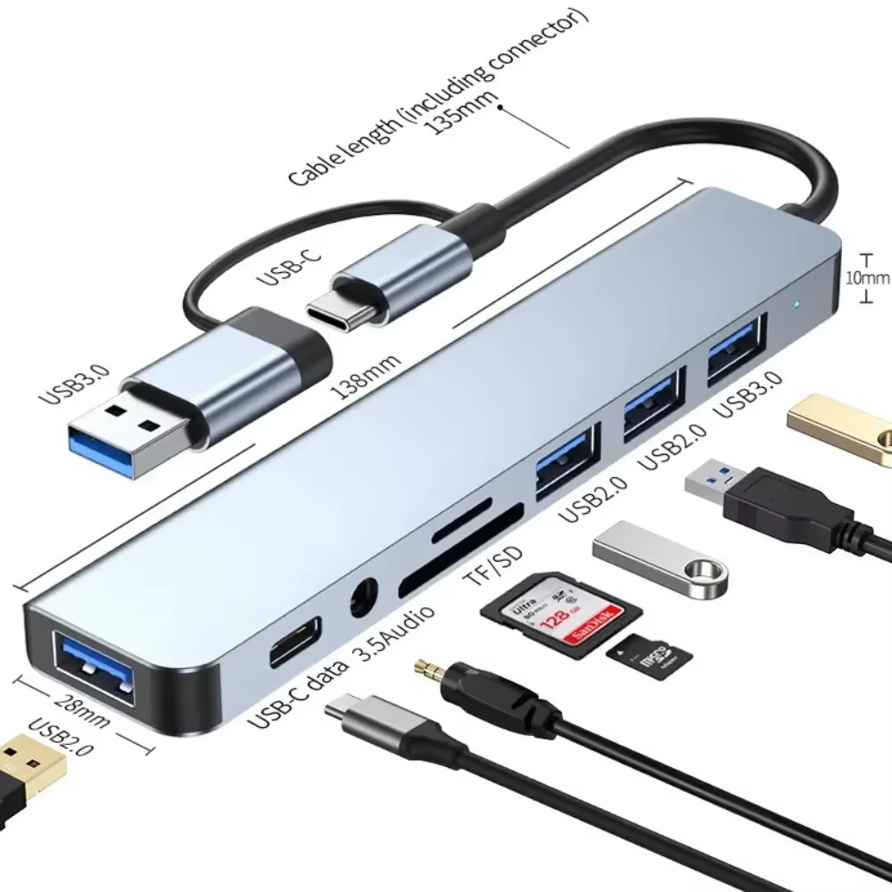 8-in-2 USB + Type C Hub Docking Station with Audio Jack & SD Card Reader Adapter
