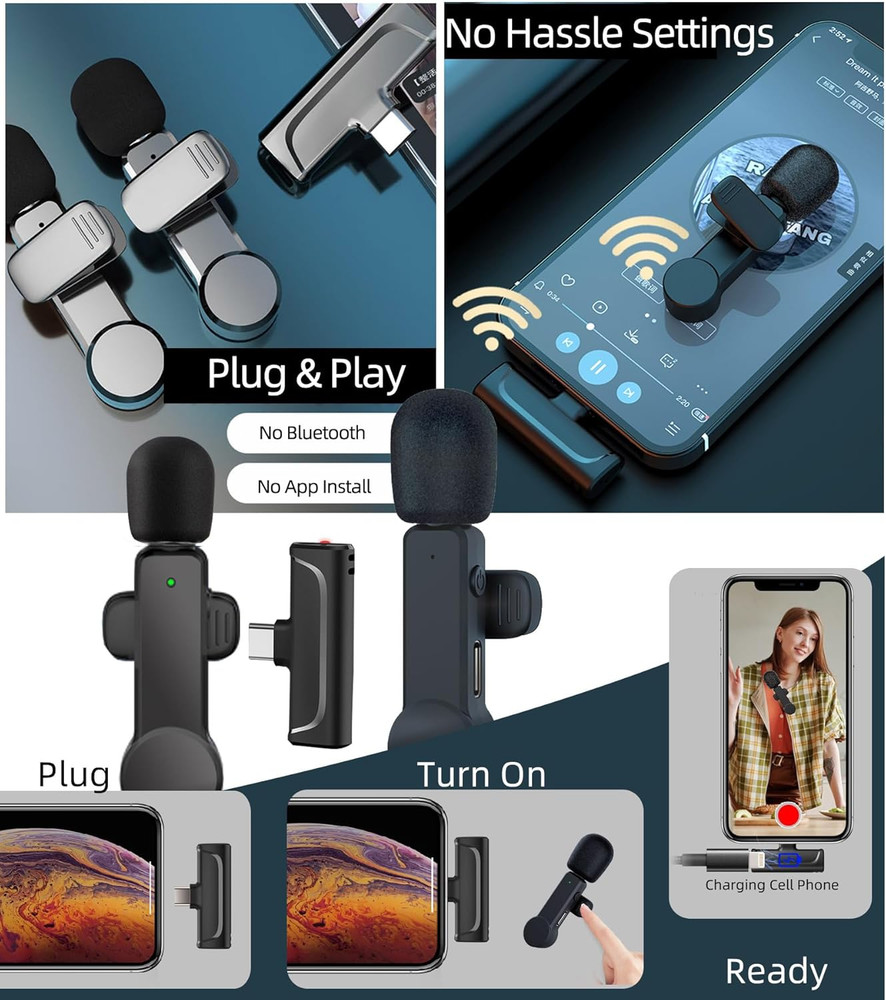 2 Pack Lavalier Microphone USB C Wireless Lav Mic for Android Phone Noise Cancel