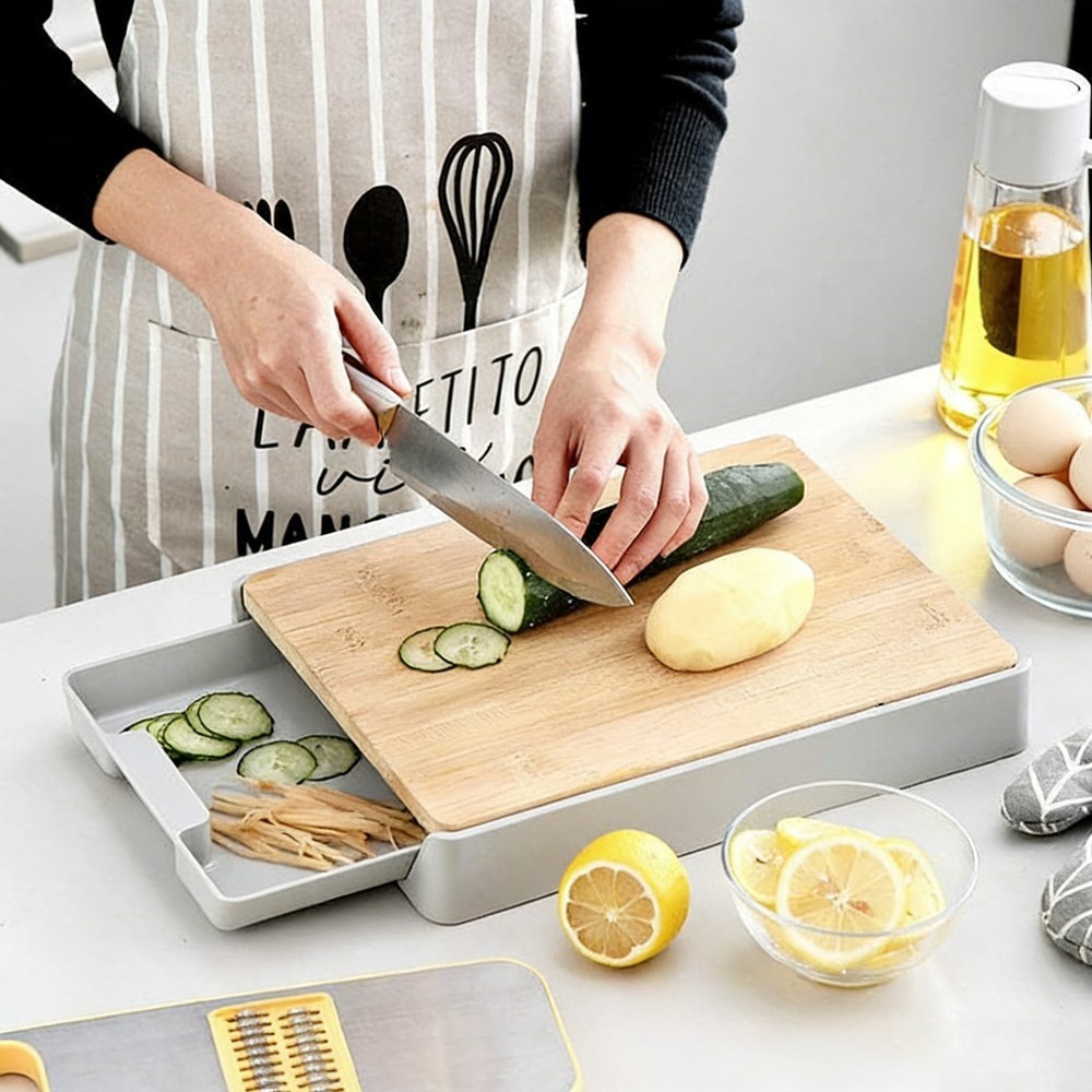 Kitchen Accessory 2-in-1 Cutting Board Removable Tray Natural Material