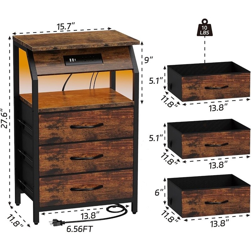 Compact Night Stand W/ USB Ports LED Light Table Bedroom Storage Solution