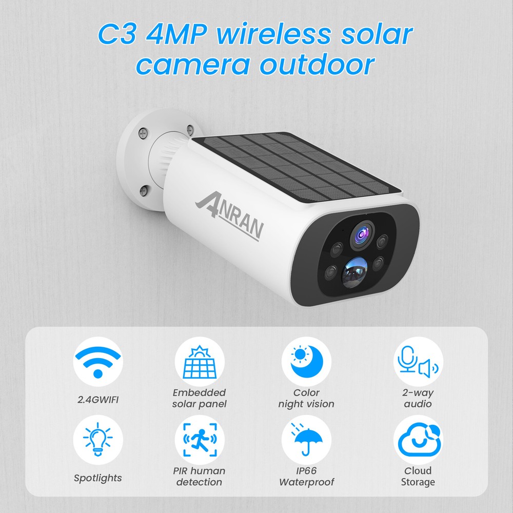 ANRAN CCTV Security Camera System 4MP Wireless Solar Panel Color Night Vision