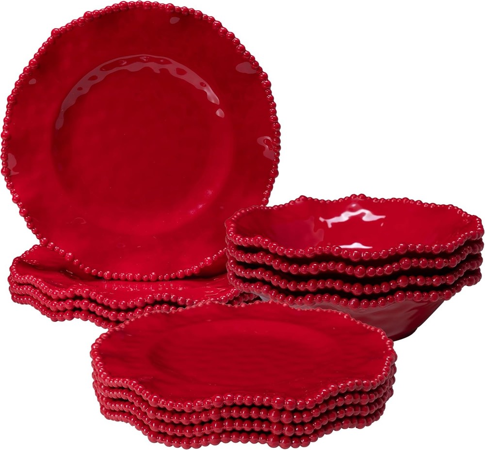 12 Pcs Christmas Holiday Melamine Dinnerware Set, Ruffled Rim with Beaded Plates