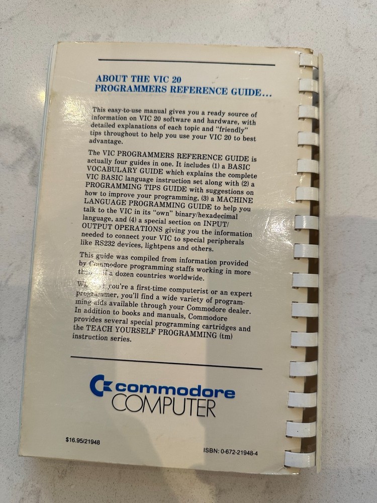 Commodore VIC-20 Programmer's Reference Guide Vintage Computer Book Manual