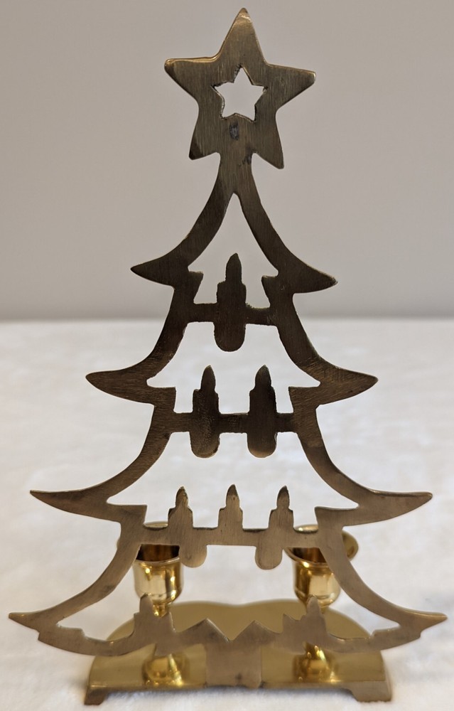 Solid Brass Candle Holder - Holds 2 Candles! Christmas Tree with Star