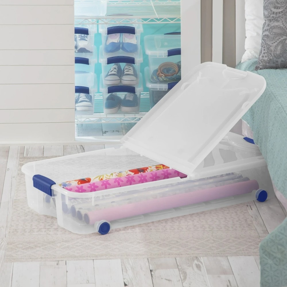 Sterilite Large Storage Bin, 66 Quart Clear Underbed Storage Container with Latc