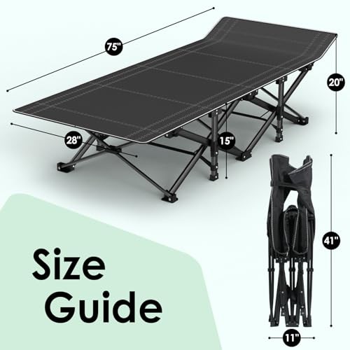 Camping Cot, Folding Camping Cot Bed 75"×28"×15" Black Cot Black Pad(upgraded)