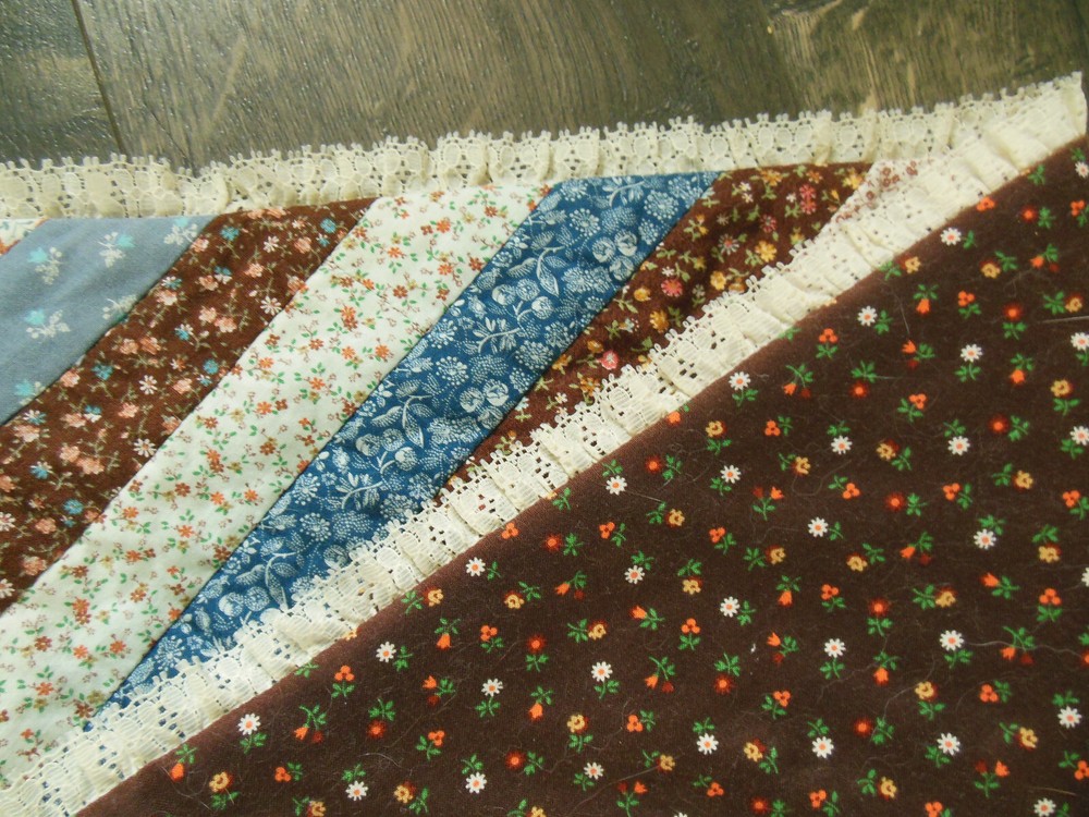 Hand Made Quilted Table Runner, Lace Edging, Reversible - 43"x13"