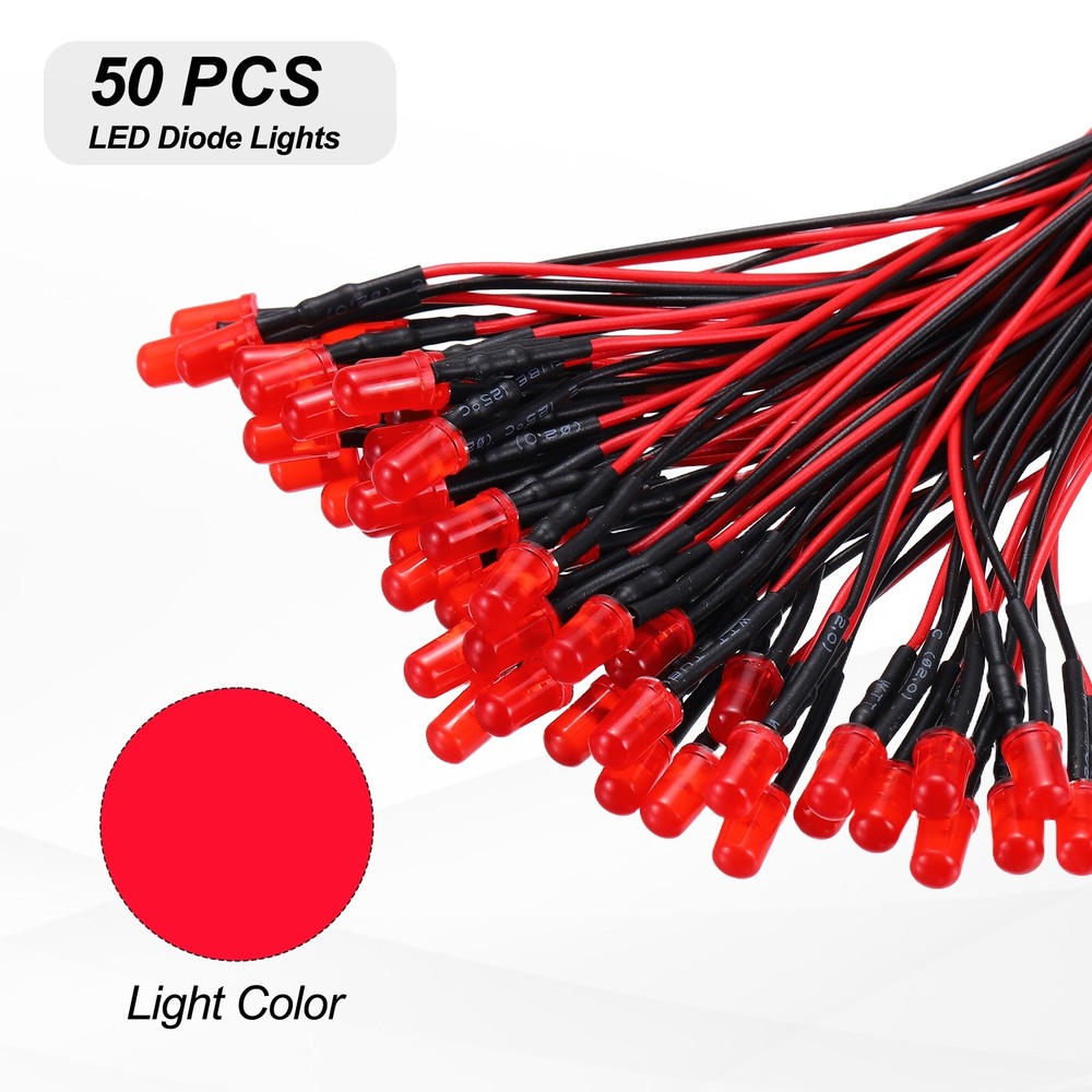 50pcs 5mm LED Diode Lights, Red Light DC 12V for Electronics