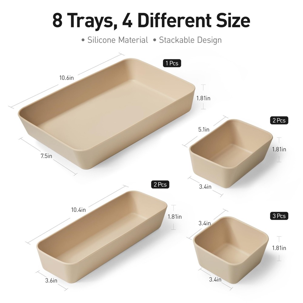 ISSEVE 8Pcs Nesting Silicone Drawer Organizer Trays, 4 Size Versatile Vanity ...